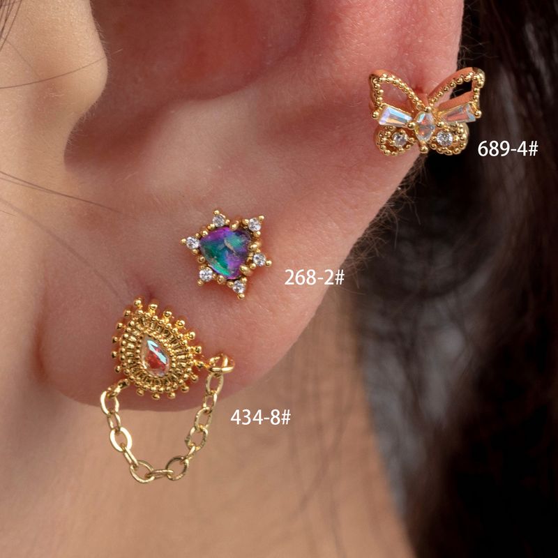 1 Piece Casual French Style Shiny Water Droplets Heart Shape Butterfly Chain Inlay Copper Zircon Ear Studs