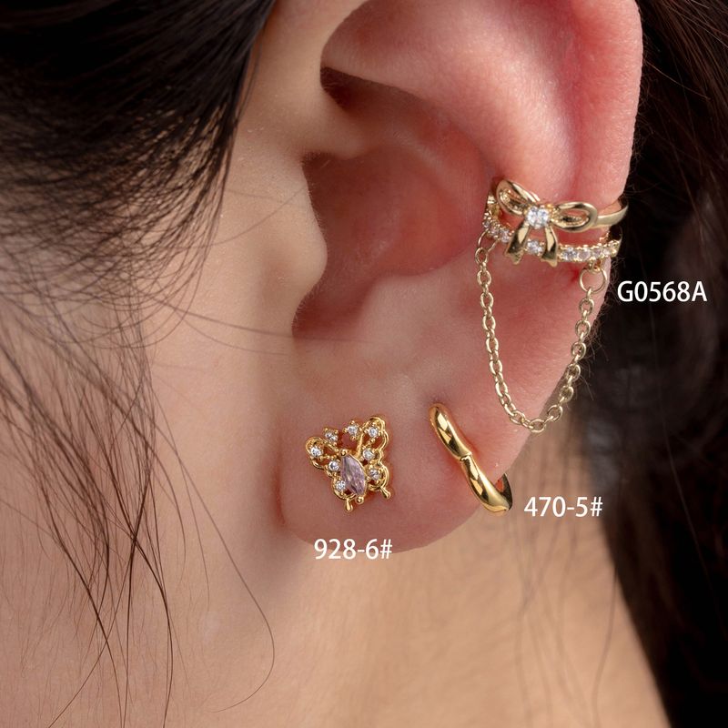 1 Piece Casual French Style Heart Shape Butterfly Bow Knot Chain Inlay Copper Zircon Earrings Ear Studs