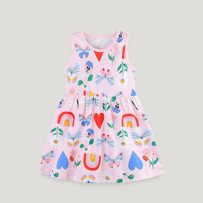 Cute Cartoon Rainbow Flower Printing Cotton Girls Dresses
