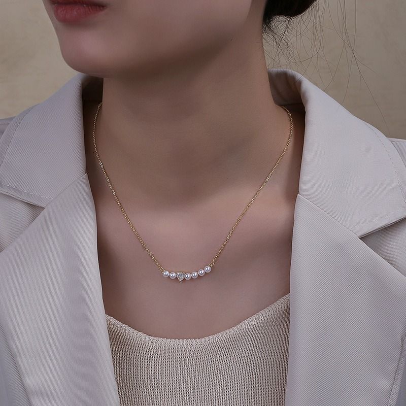 Sterling Silver Silver Plated Simple Style Shiny Inlay Heart Shape Fox Artificial Pearls Zircon Necklace