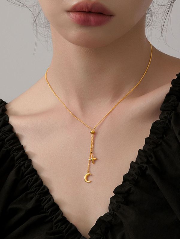 Edelstahl 304 18 Karat Vergoldet Französische Art Romantisch Quaste Stern Mond Halskette Mit Anhänger