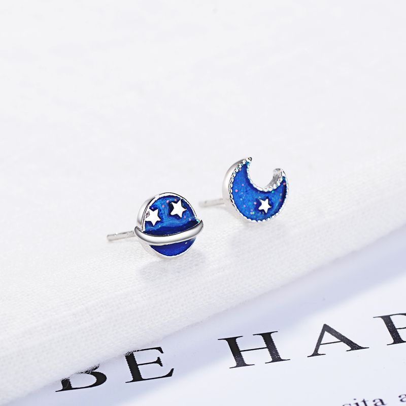 1 Pair Simple Style Star Moon Planet Epoxy Copper White Gold Plated Ear Studs
