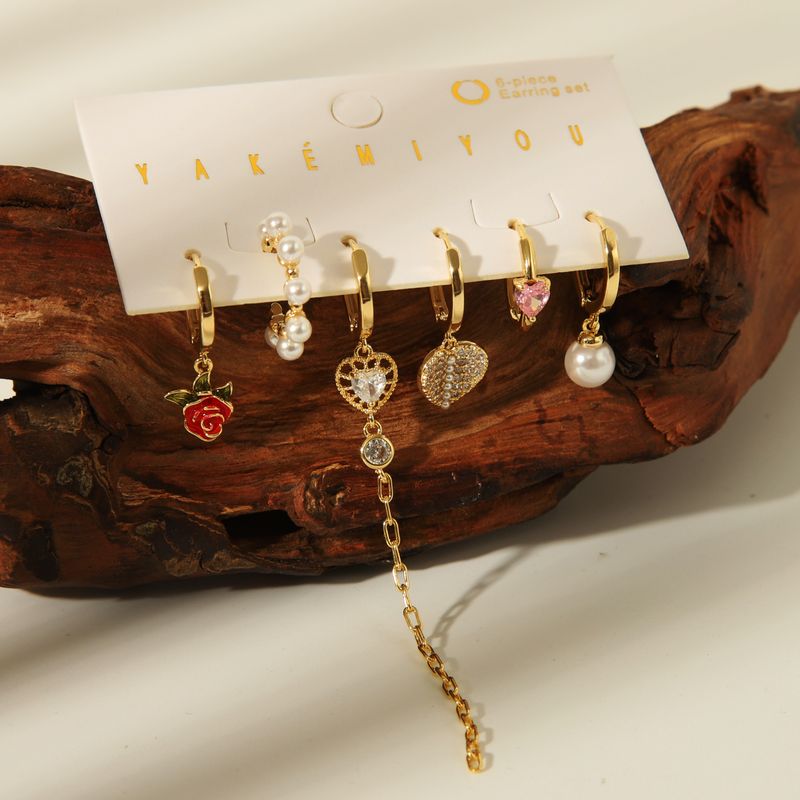 1 Set Yakemiyou Casual Water Droplets Heart Shape Flower Enamel Inlay Copper Pearl Zircon 14K Gold Plated Drop Earrings