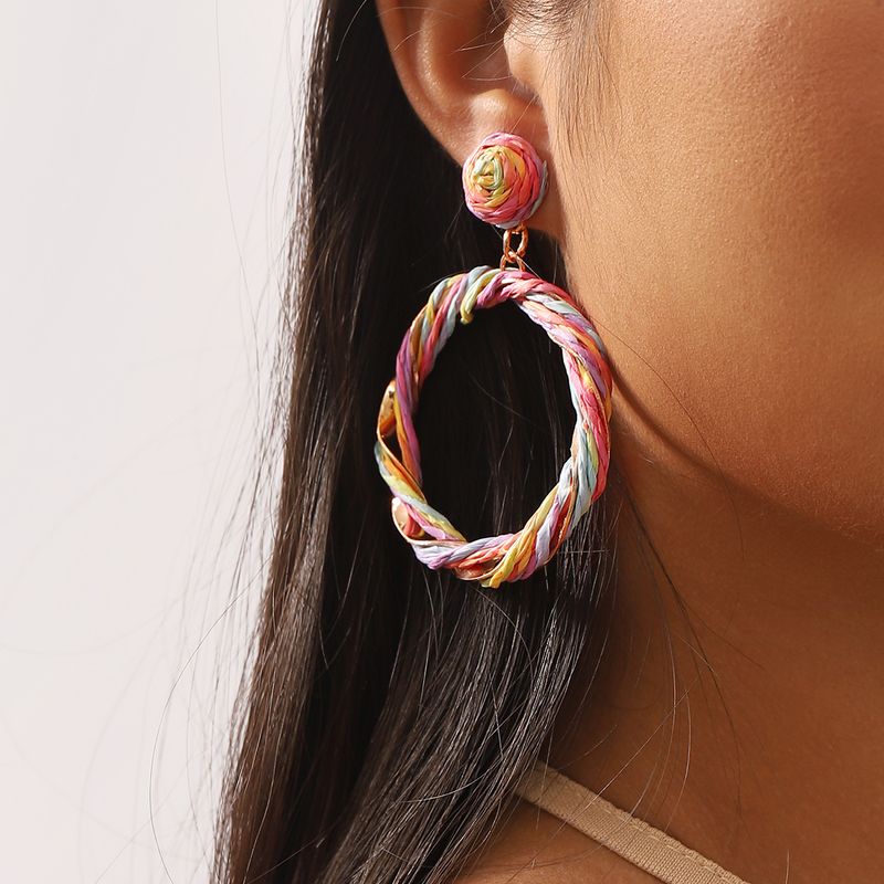 1 Pair Vacation Sweet Color Block Patchwork Raffia Iron Drop Earrings