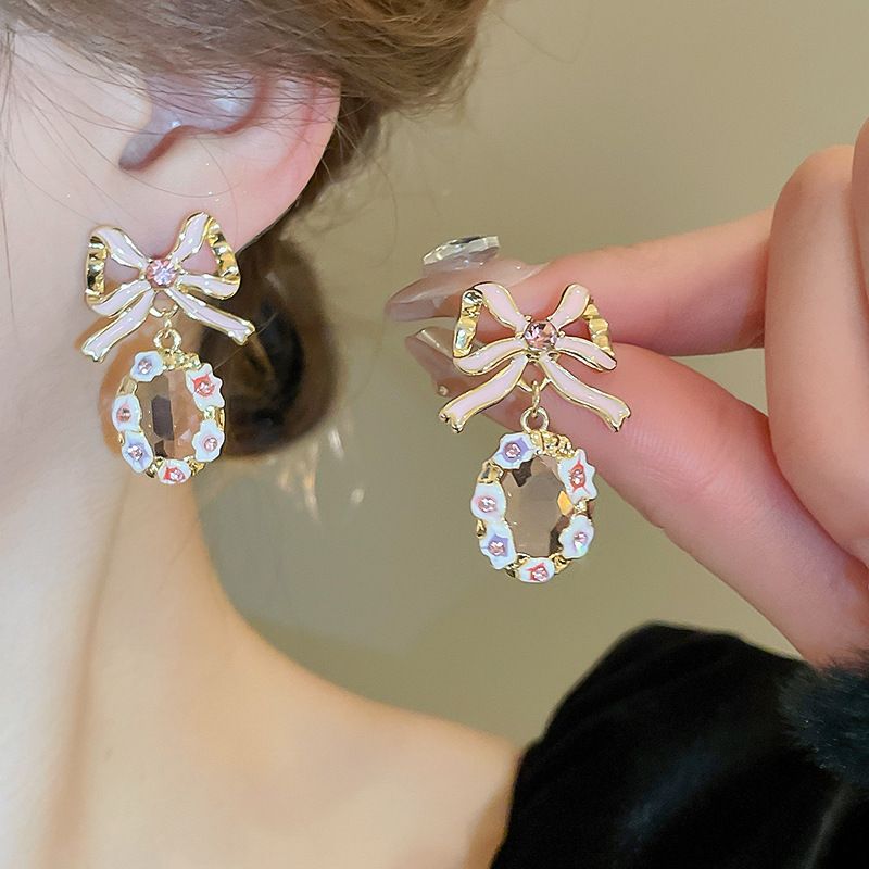 1 Pair Cute Lady Sweet Geometric Bow Knot Enamel Inlay Copper Zircon Drop Earrings
