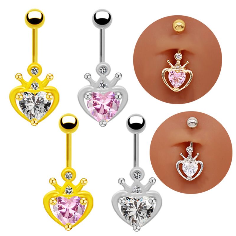 1 Piece Belly Rings Cute Heart Shape Crown Alloy Glass Titanium Steel Inlay Rhinestones Glass White Gold Plated Gold Plated