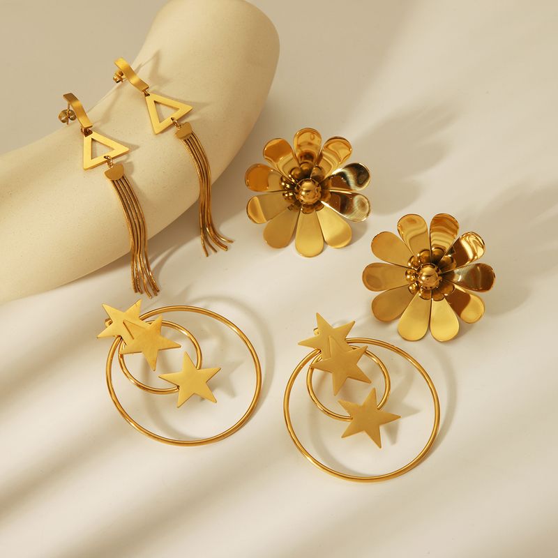 1 Paar Einfacher Stil Pentagramm Blume Überzug Edelstahl 304 18 Karat Vergoldet Tropfenohrringe