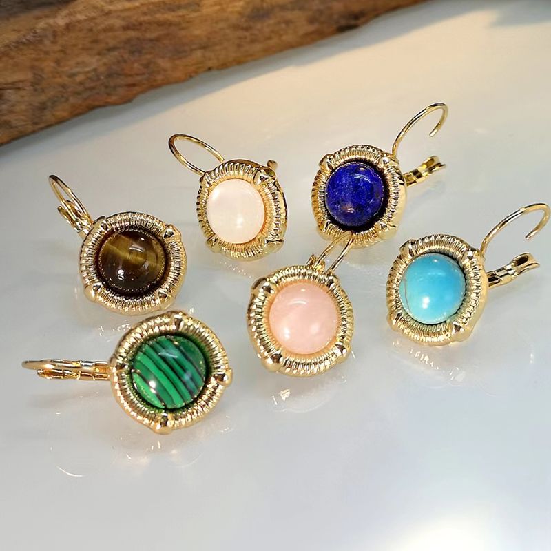1 Pair Elegant Retro Classic Style Round Inlay Copper Artificial Gemstones Drop Earrings