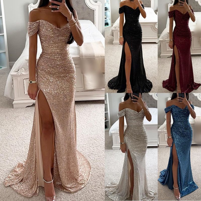 Women's Party Dress Classic Style V Neck Sequins Slit Zipper Sleeveless Solid Color Maxi Long Dress Banquet Party