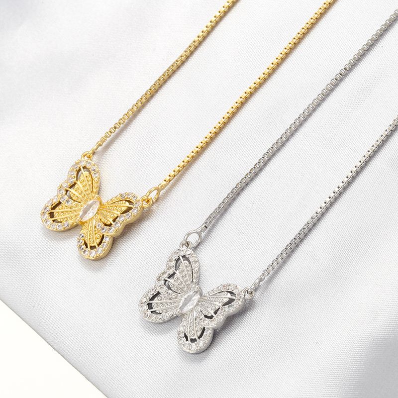 Copper 18K Gold Plated Casual Elegant Luxurious Hollow Out Inlay Butterfly Zircon Pendant Necklace