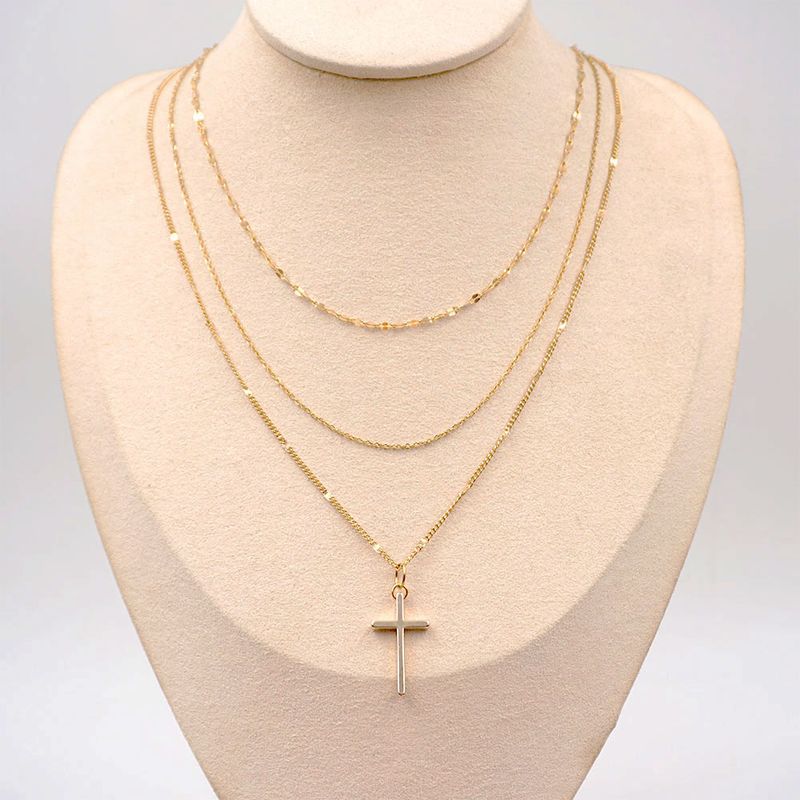 304 Stainless Steel Titanium Steel Copper Gold Plated Classic Style Handmade Cross Three Layer Necklace