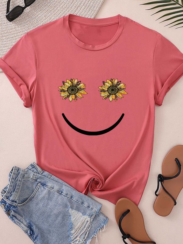 Women's T-shirt Short Sleeve T-Shirts Round Casual Smiley Face