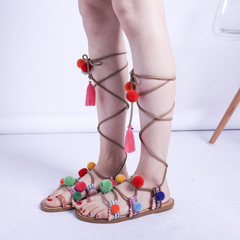 Women's Ethnic Style Bohemian Colorful Cross Straps Round Toe Strappy Sandals