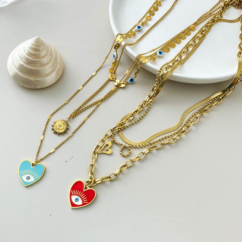 304 Stainless Steel Gold Plated Casual Vacation Korean Style Layered Devil's Eye Heart Shape Eye Pendant Necklace