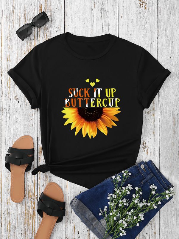 Women's T-shirt Short Sleeve T-Shirts Round Casual Sunflower Letter
