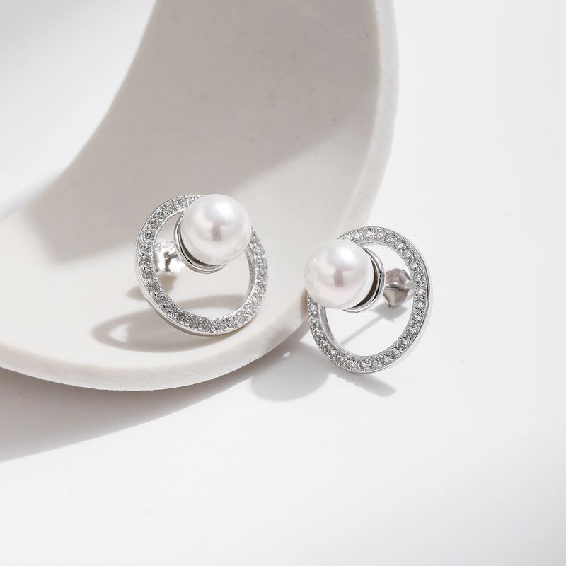 1 Pair Elegant Simple Style Round Plating Inlay Sterling Silver Artificial Pearls Zircon Silver Plated Ear Studs