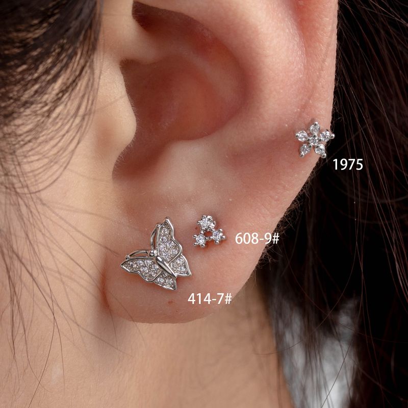 1 Piece Casual Simple Style Triangle Flower Butterfly Plating Inlay Copper Zircon Ear Studs