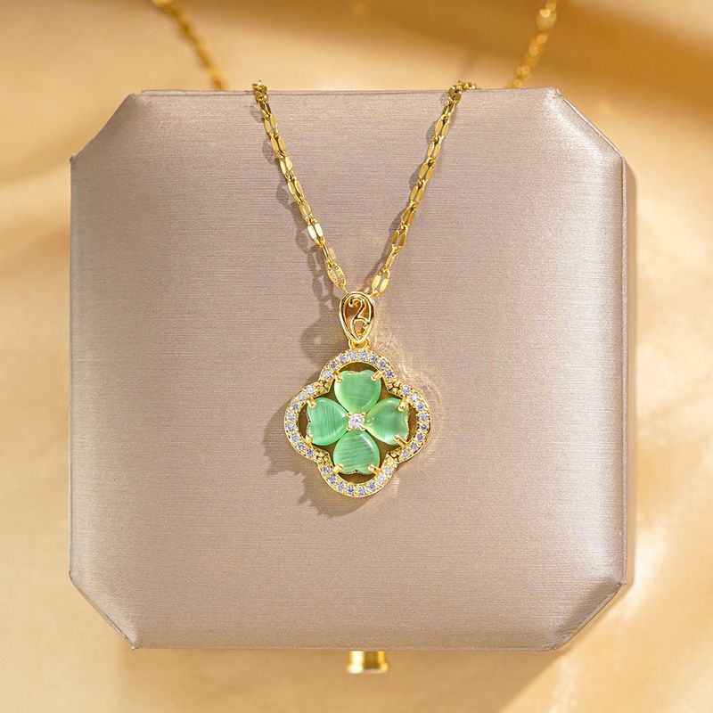 304 Stainless Steel Copper Simple Style Shiny Plating Inlay Four Leaf Clover Opal Zircon Pendant Necklace