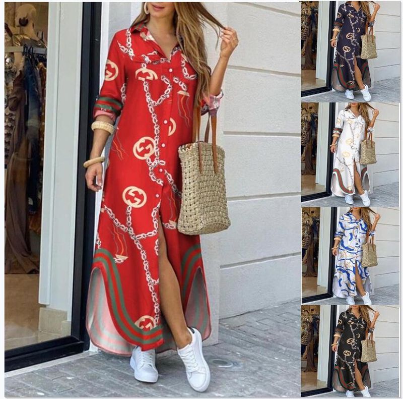 Casual Shirt Collar Printing Floral Maxi Long Dress