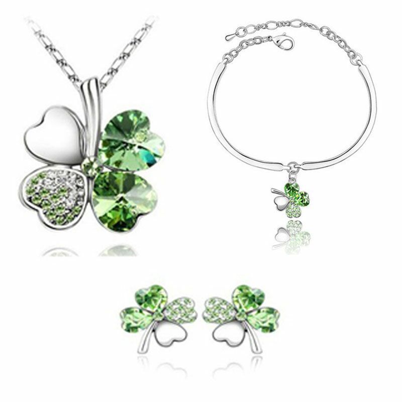 Fashion Four-leaf Clover Crystal Pendant Necklace Ear Stud Bracelet Three-piece Set