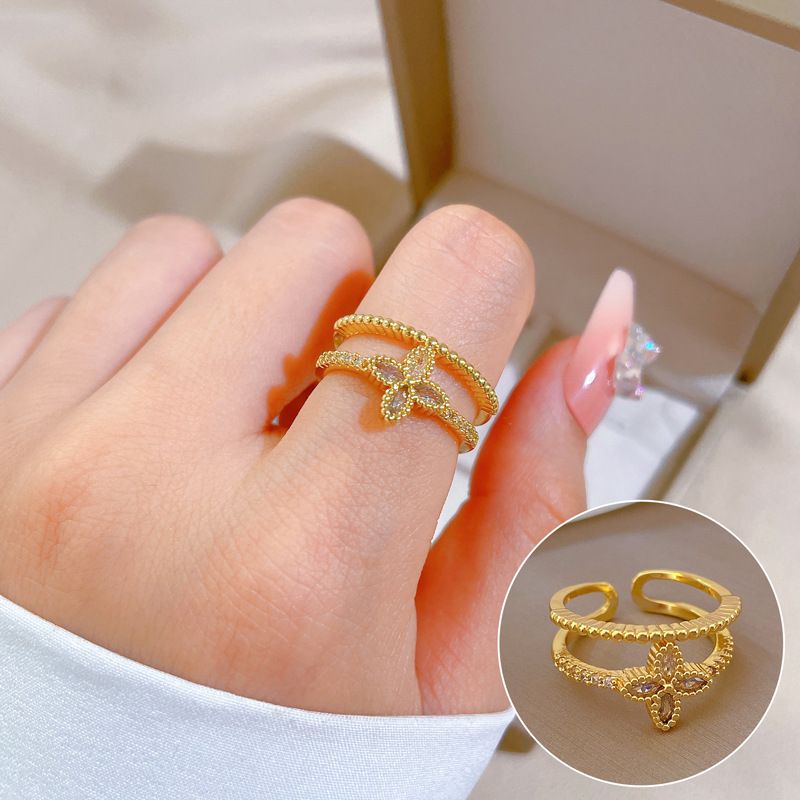 Fashion Four Leaf Clover Brass Zircon Open Ring In Bulk