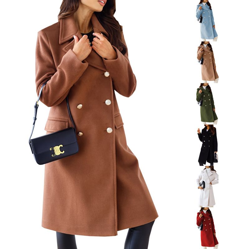 Women's Fashion Solid Color Patchwork Double Breasted Coat Woolen Coat