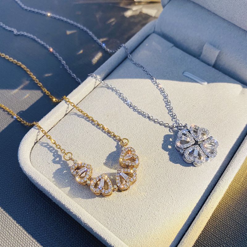 Fashion Four Leaf Clover Heart Shape Titanium Steel Rhinestone Necklace