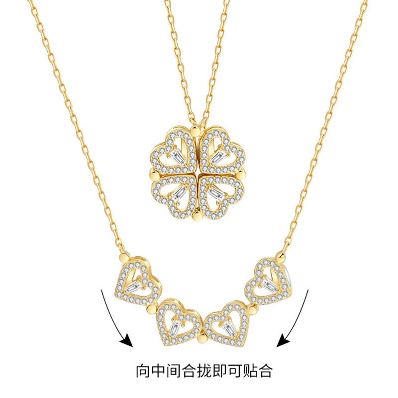 Fashion Four Leaf Clover Heart Shape Stainless Steel Flowers Inlay Zircon Necklace