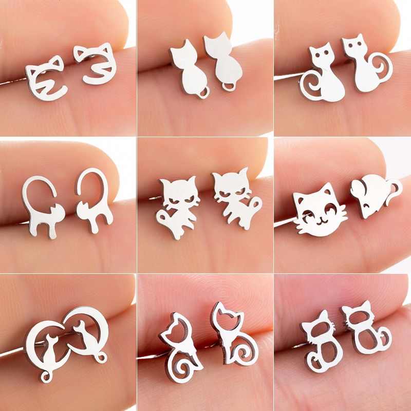 1 Pair Cute Cat Stainless Steel Plating Ear Studs