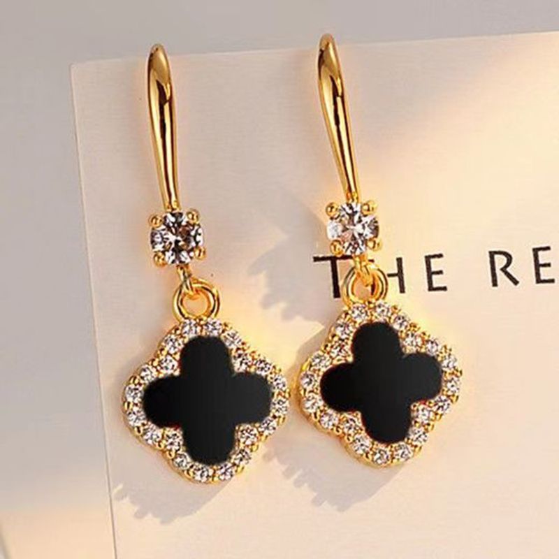 1 Pair Casual Simple Style Four Leaf Clover Plating Inlay Copper Artificial Gemstones Zircon Drop Earrings