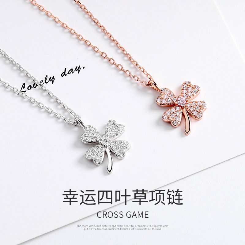 Ins Style Basic Four Leaf Clover Sterling Silver Inlay Zircon Pendant Necklace
