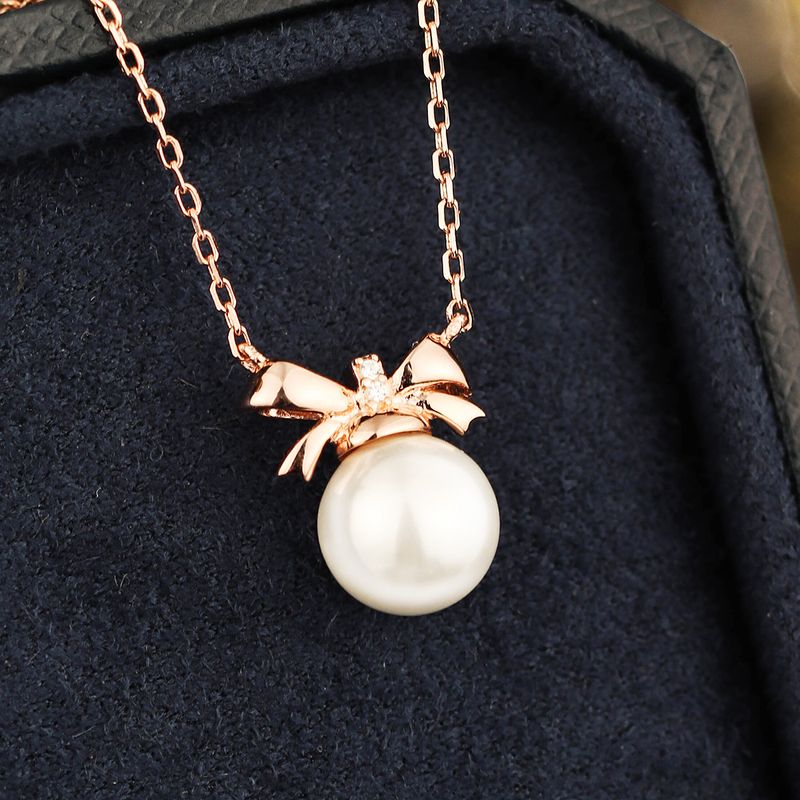 Sterling Silver Rose Gold Plated Elegant Inlay Bow Knot Pearl Pendant Necklace