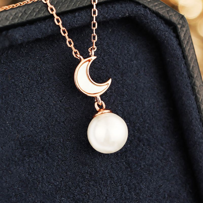 Sterling Silver Rose Gold Plated Elegant Simple Style Inlay Moon Pearl Pendant Necklace