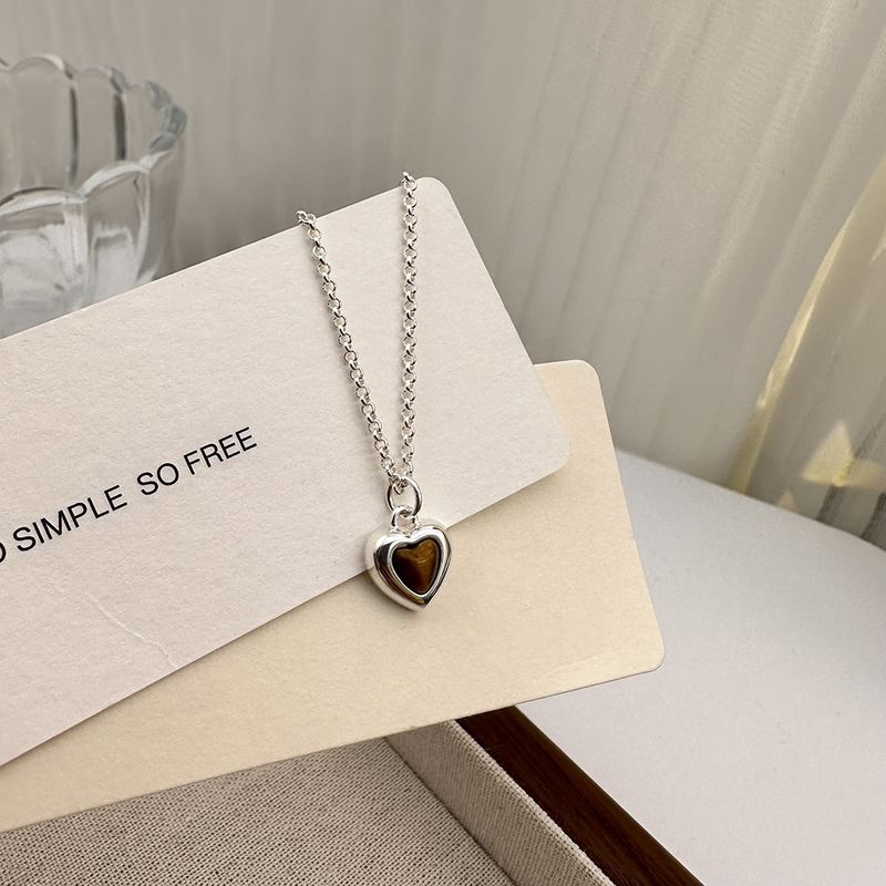 Sterling Silver Casual Chain Geometric Heart Shape Pendant Necklace