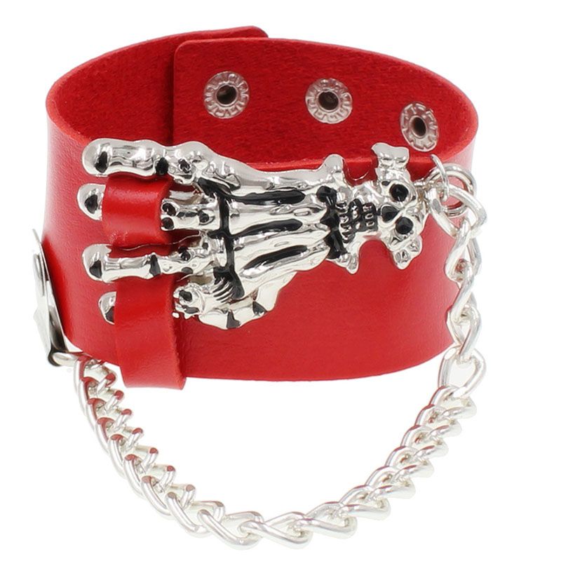 Retro Punk Cool Style Hand Skull Pu Leather Alloy Silver Plated Women's Bangle