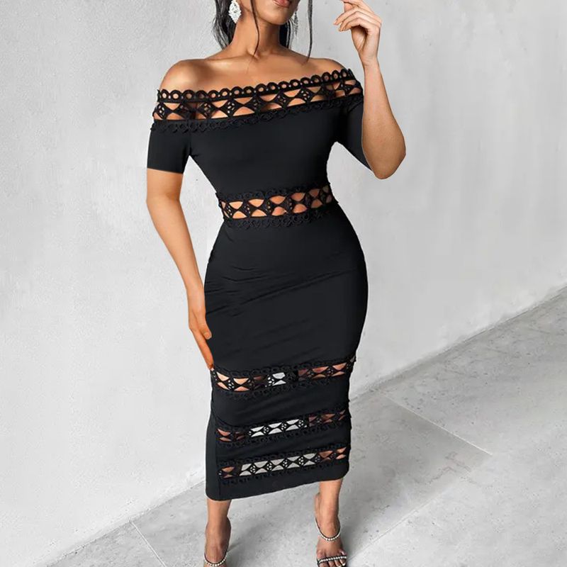 Women's Sheath Dress Sexy Boat Neck Lace Short Sleeve Solid Color Maxi Long Dress Holiday Daily Date