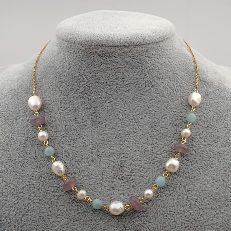 304 Stainless Steel Freshwater Pearl Titanium Steel Gold Plated Sweet Simple Style Beaded Geometric Necklace