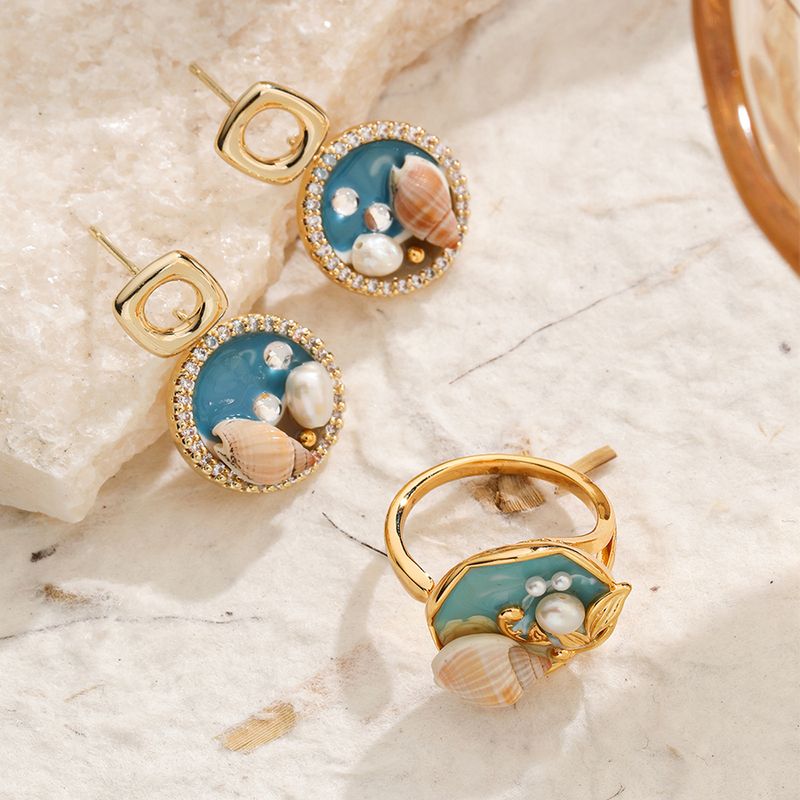 Copper 14K Gold Plated 18K Gold Plated Vacation Beach Enamel Inlay Conch Freshwater Pearl Zircon Rings Earrings