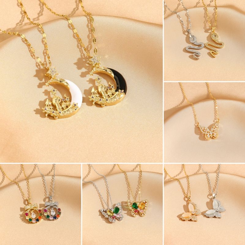 Titanium Steel 18K Gold Plated Casual Commute Plating Diamond Moon Snake Butterfly Resin Opal Zircon Pendant Necklace