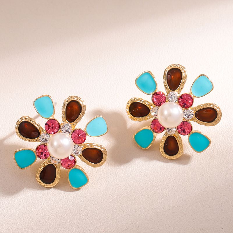 1 Pair Sweet Flower Inlay Copper Rhinestones Pearl Ear Studs