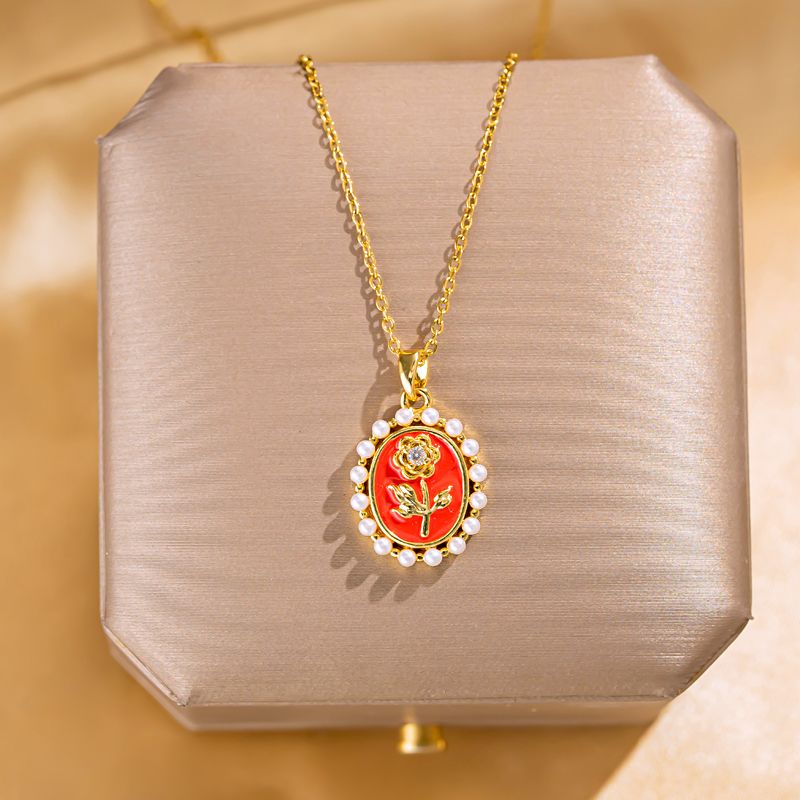 304 Stainless Steel Copper 18K Gold Plated Elegant Romantic Epoxy Plating Inlay Rose Artificial Pearls Zircon Pendant Necklace
