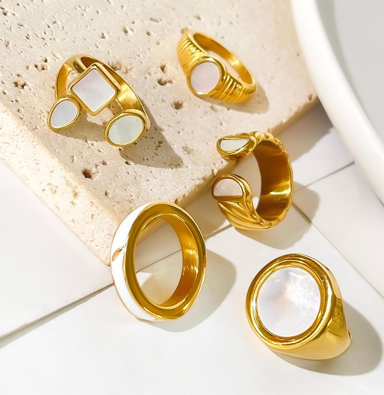 304 Stainless Steel 18K Gold Plated Casual Basic Classic Style Enamel Inlay Round Shell Open Rings Rings