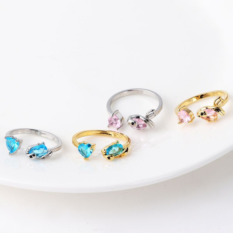 Copper 18K Gold Plated White Gold Plated Simple Style Plating Inlay Sea Fish Artificial Gemstones Artificial Rhinestones Open Rings