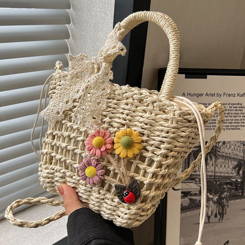 Women's Small Spring&Summer Straw Flower Vacation Beach Weave String Straw Bag
