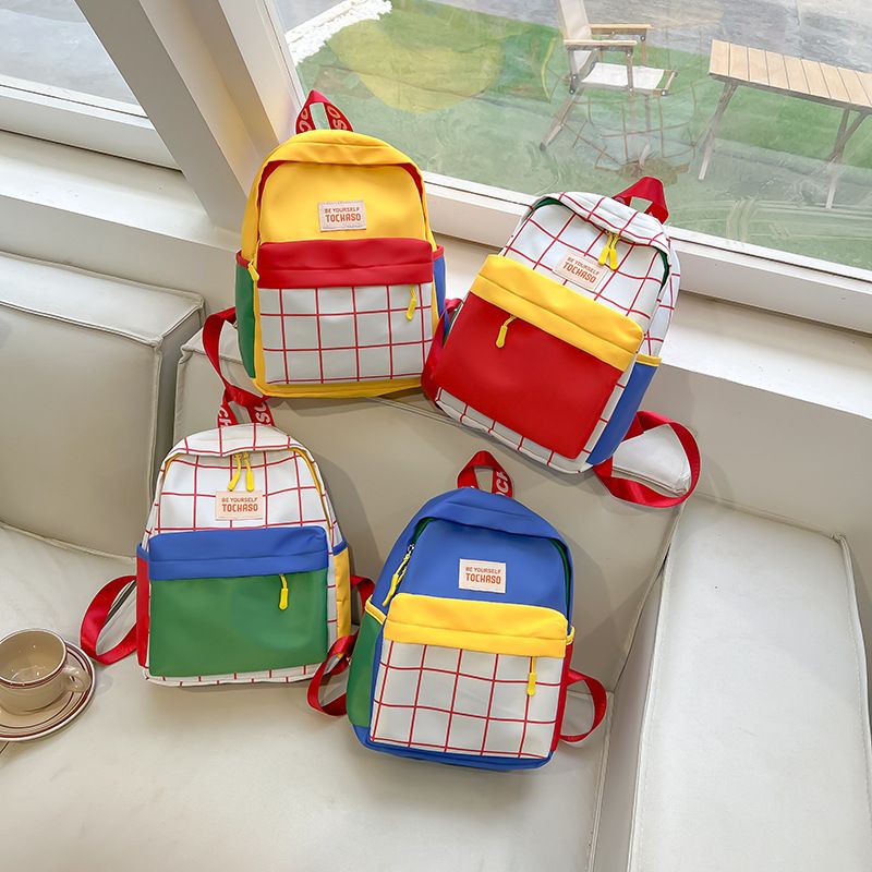 Waterproof 15 Inch Color Block Grid Casual Holiday Kids Backpack