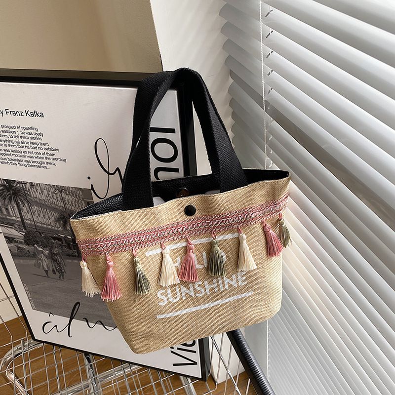 Women's Small Canvas Printing Letter Tassel Streetwear Magnetic Buckle Handbag