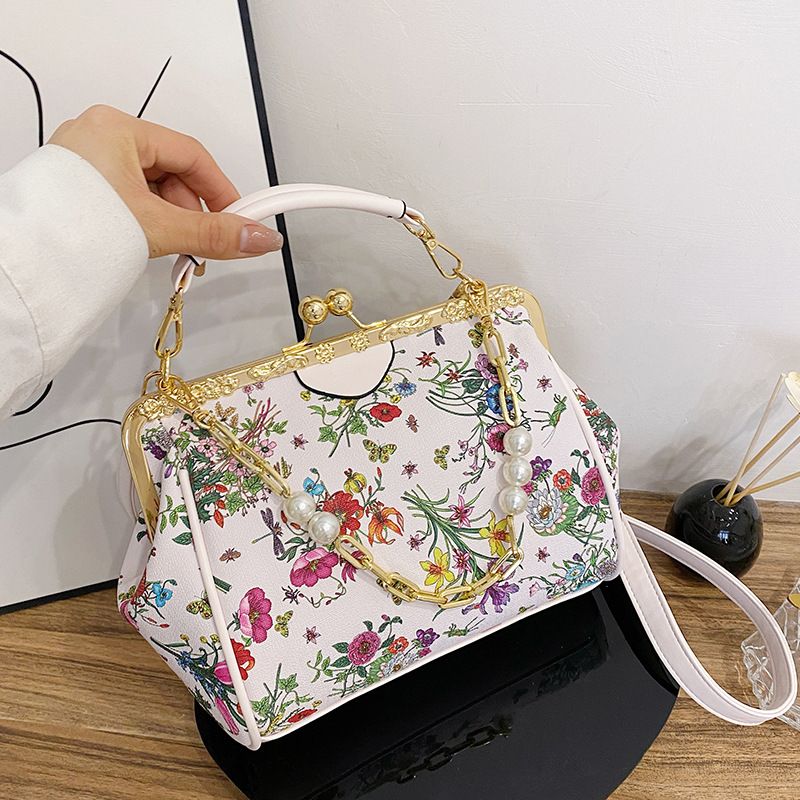 Mujeres Medio Cuero Sintético Flor Estilo Vintage Marco De Cierre Bolso Bandolera