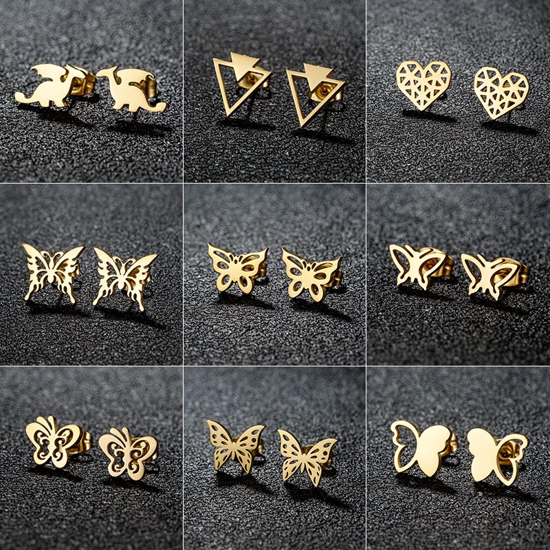 1 Pair Sweet Simple Style Artistic Heart Shape Butterfly Polishing 304 Stainless Steel 18K Gold Plated Ear Studs