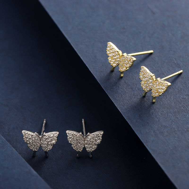 1 Pair Basic Simple Style Classic Style Butterfly Plating Inlay Sterling Silver Zircon 14K Gold Plated Ear Studs
