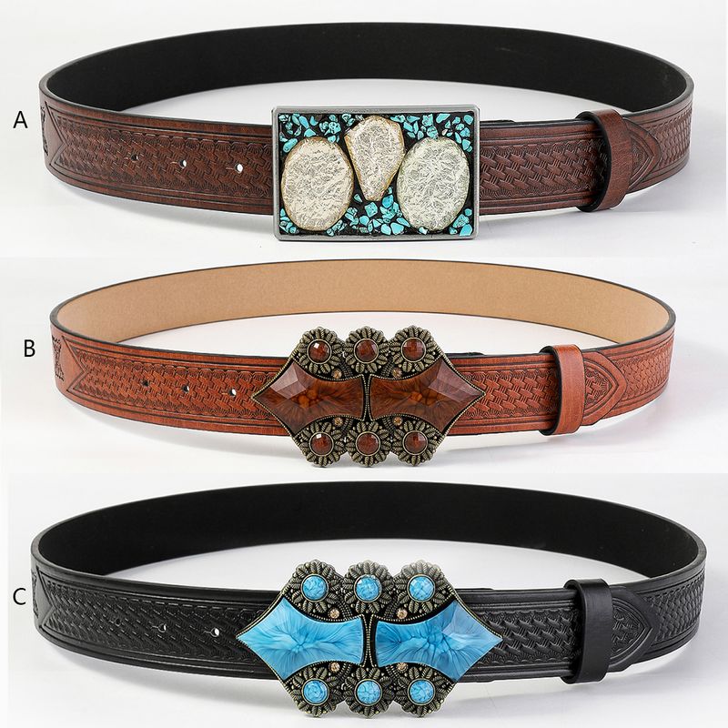 Vintage Style Simple Style Geometric Pu Leather Metal Button Inlaid Turquoise Turquoise Unisex Leather Belts